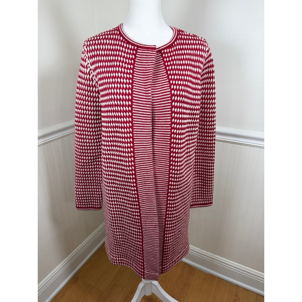 Talbots Cardigan Sweater Women Small Red White Merino‎ Wool Geometric Longline